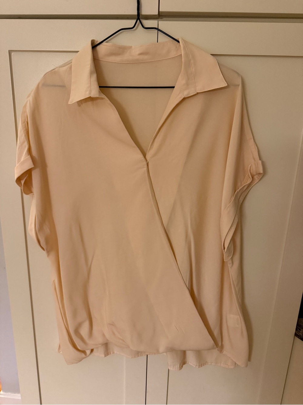 Women's Cream Short-Sleeve Surplice Blouse with Notch Collar